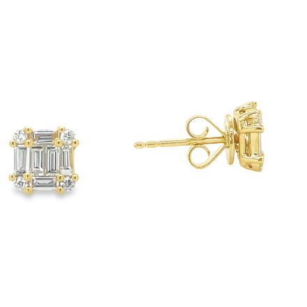 Dainty diamond earrings.   18k yellow gold  Secure heart shaped friction backs  Round & baguette diamonds 0.52 cts   7.00 mm 