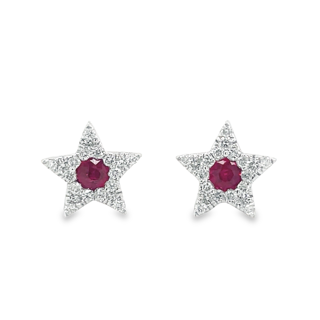 Crafted with exquisite precision, each earring boasts a bold  ruby, set in 18k white gold surrounded with sparkling diamonds, 0.17 cts, for a timeless yet modern design. 8.00 mm, F/G color.