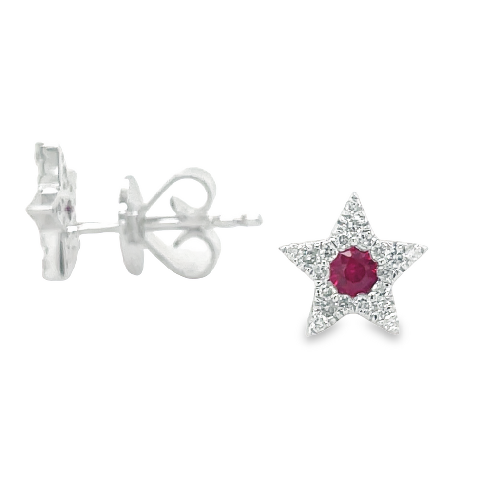 Crafted with exquisite precision, each earring boasts a bold  ruby, set in 18k white gold surrounded with sparkling diamonds, 0.17 cts, for a timeless yet modern design. 8.00 mm, F/G color.