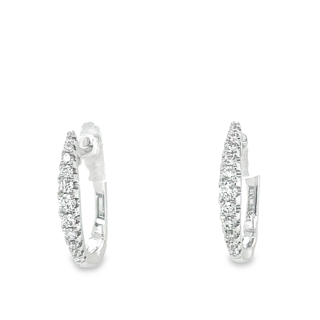 14k white gold.  Round diamonds 0.25 cts   15.00 mm long  Secure hinged system  Easy to wear