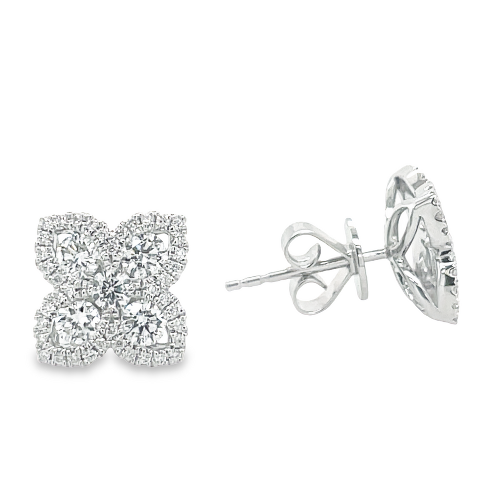 These timeless flower earrings feature 18k white gold construction, pavé set 0.80 cts. of round F/G color diamonds in 10.00 mm settings, and secure friction backs for a reliable closure. The ideal combination of classic and contemporary design.