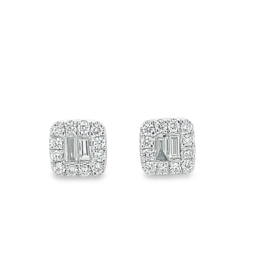 Square Baguette & Round Diamond Stud Earrings in White Gold Front view
