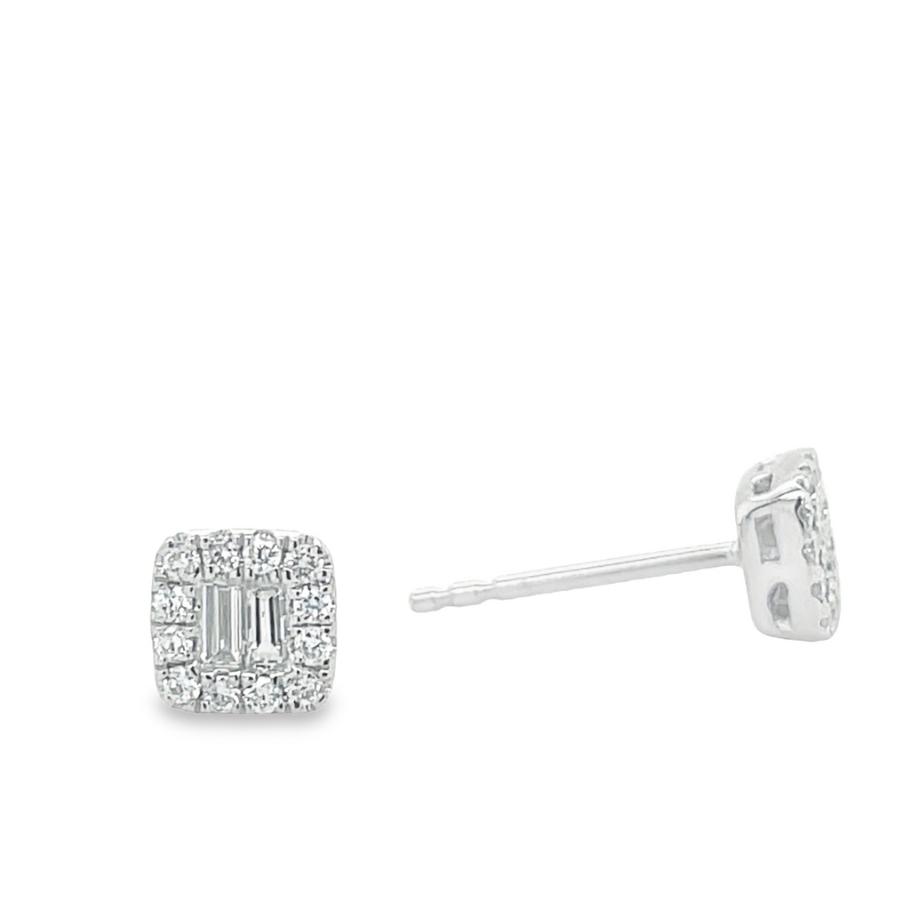 Dainty Square Baguette & Round Diamond Stud Earrings in White Gold
