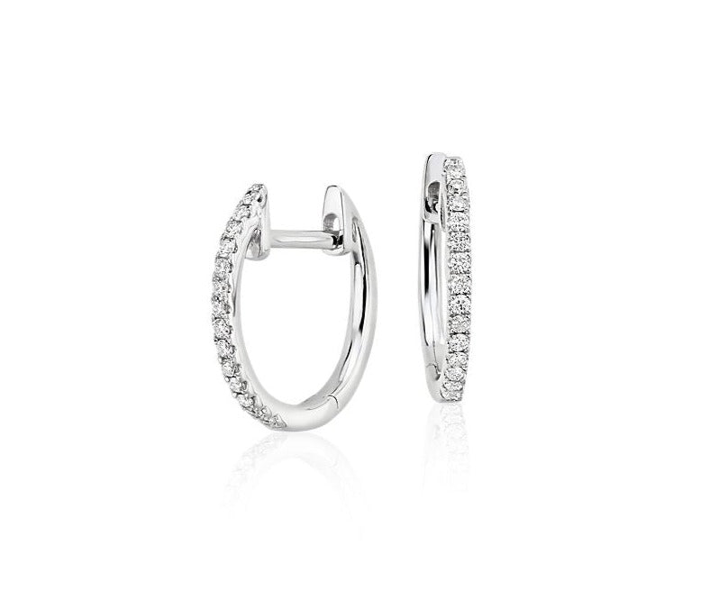 Font and Side view of 14k White Gold Diamond Huggie Earrings Oval Shape 0.22 cts