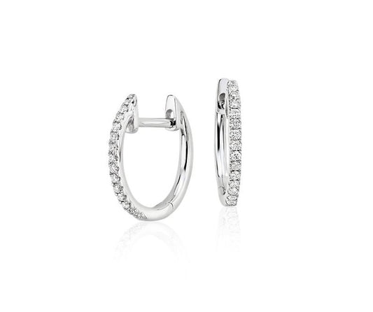Font and Side view of 14k White Gold Diamond Huggie Earrings Oval Shape 0.22 cts