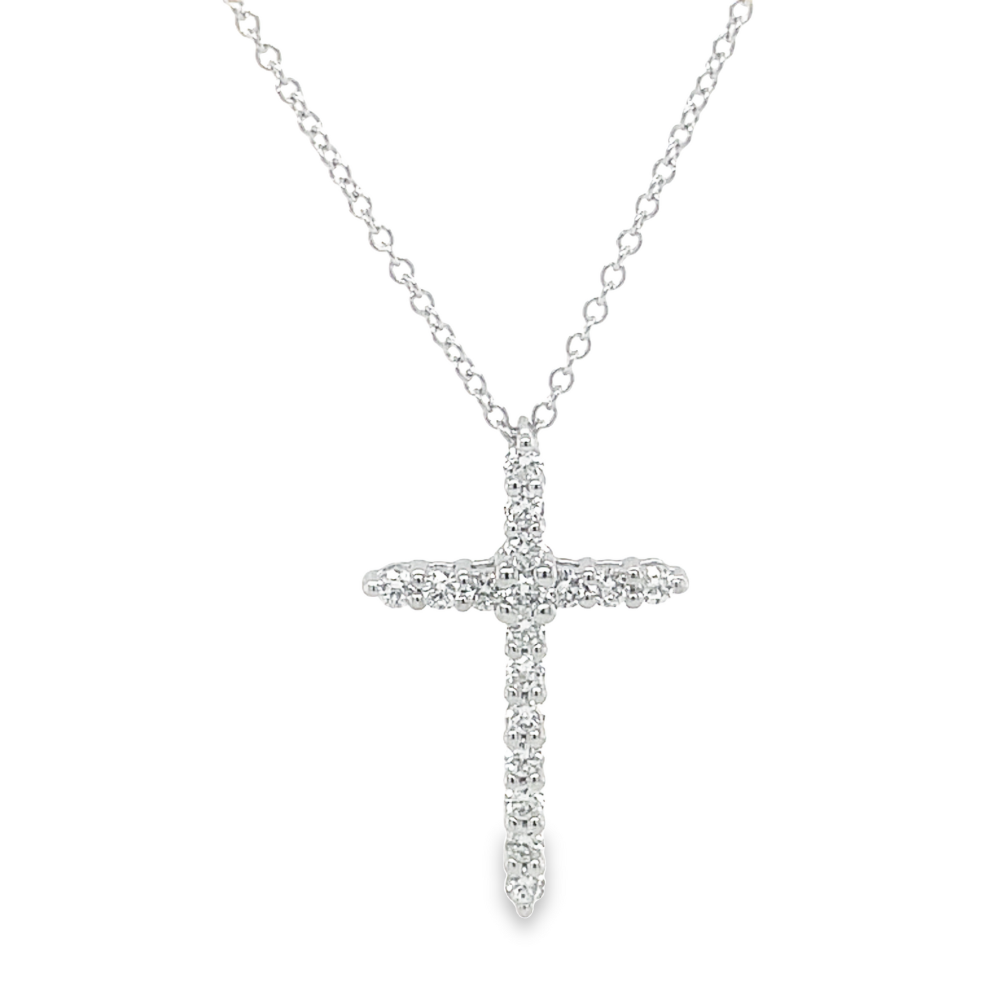 Front view of 18k Dainty Diamond Cross Pendant Necklace 0.38 cts