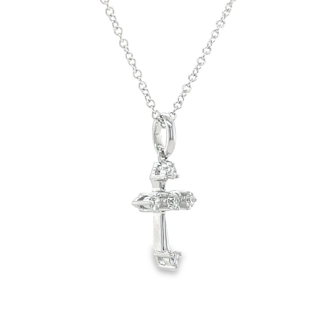 This dazzling 18k white gold cross sparkles with five round, high quality diamonds in color E/F-VS1 totaling 0.08 cts and a secure bail. An optional 1.3 mm ($299) chain is available.