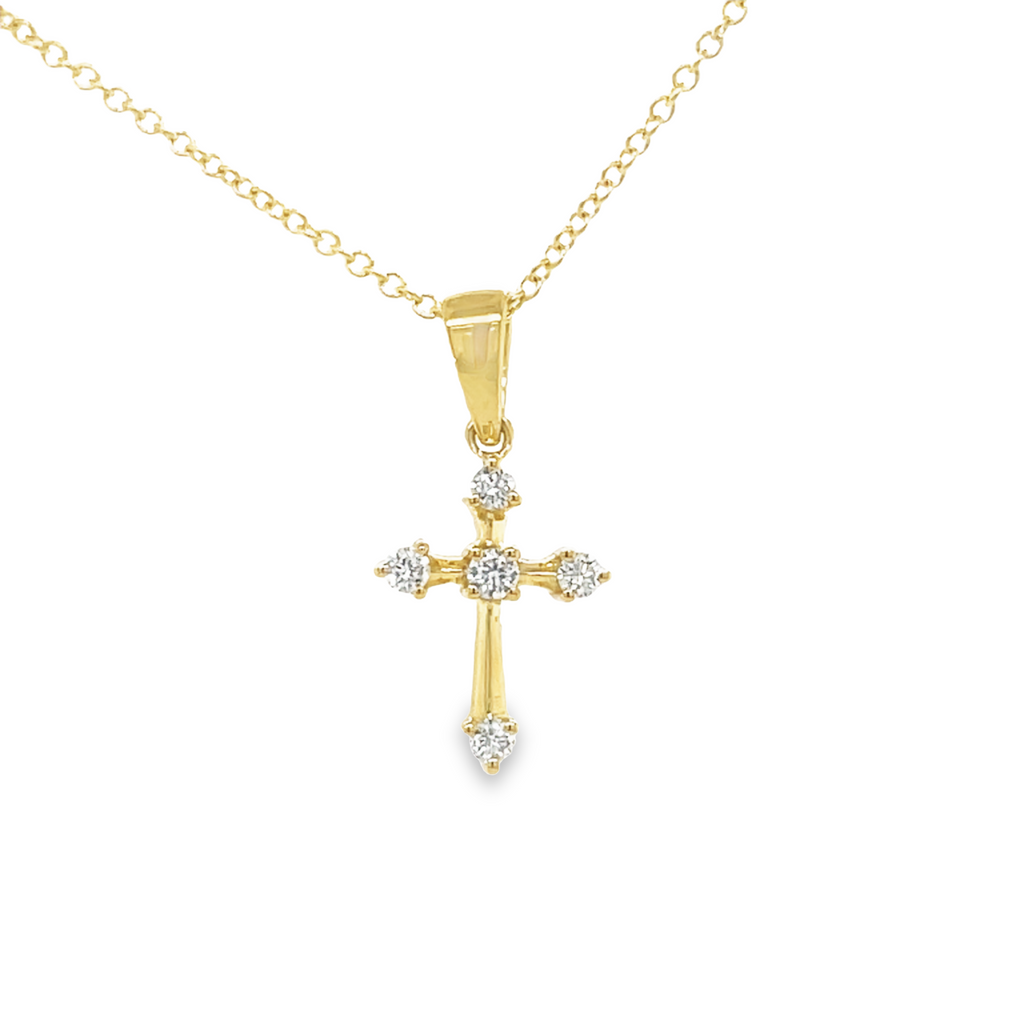 18k yellow gold cross  High quality diamonds Color E/F-VS1  5 round diamonds 0.10 cts  Secure bail  16" chain 1.1 mm ($199 optional)  16 mm