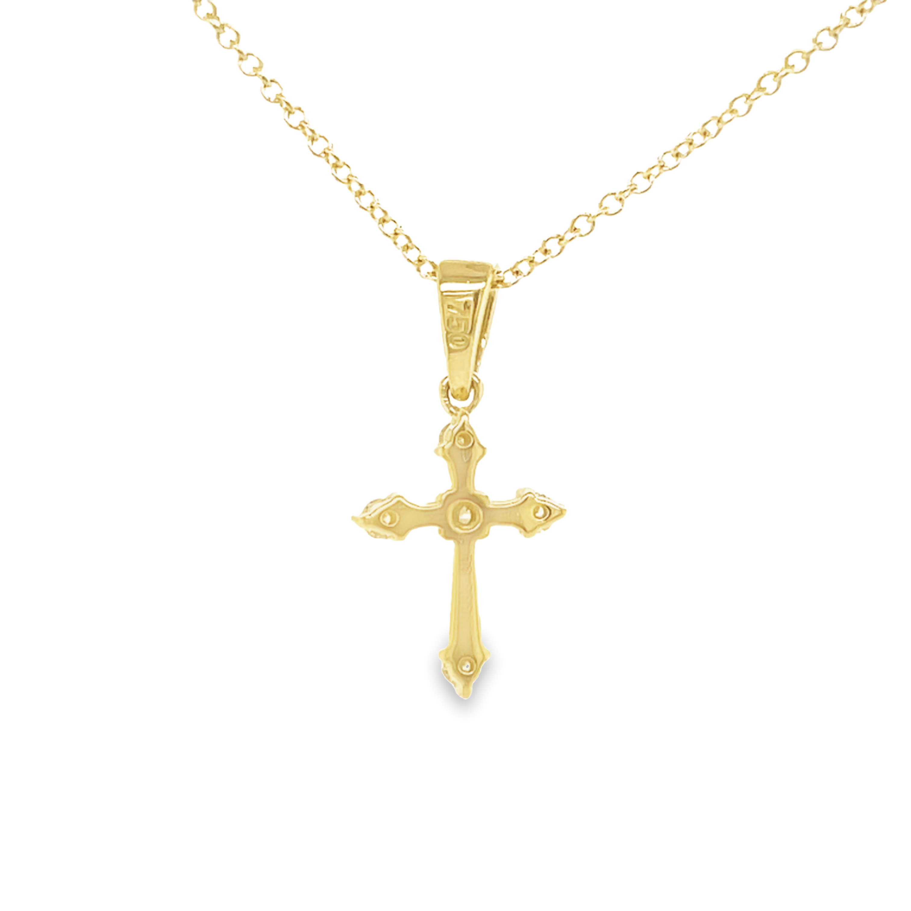 This magnificent 18k yellow gold cross pendant sparkles with 5 dazzling, Color E/F-VS1 diamonds totaling 0.10 cts and a secure bail. An optional 16", 1.1 mm chain is available for $199. 16 mm pendant.
