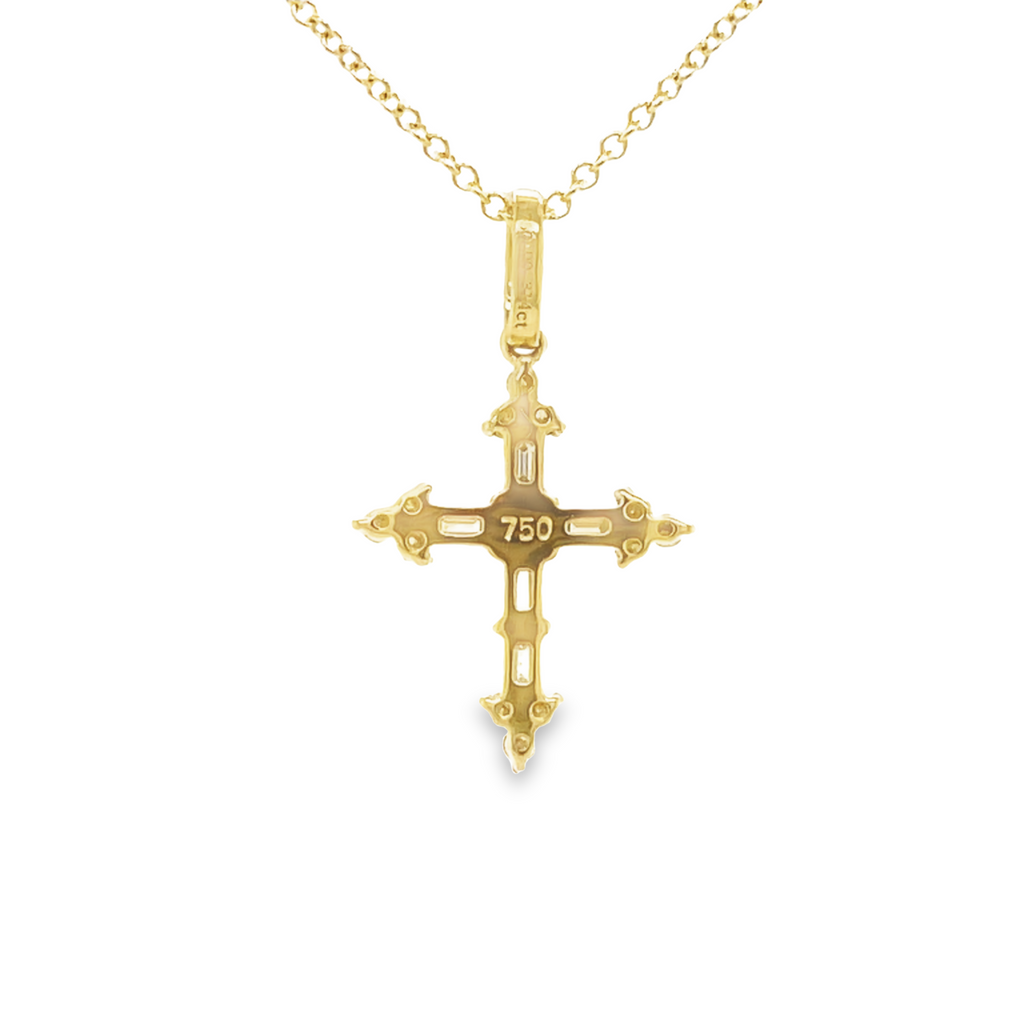 A captivating 18 karat yellow gold cross is adorned with glittering E/F-VS1 diamonds for maximum sparkle. 0.30 carats of round diamonds are securely set in a secure bail. The necklace is finished with a 16" chain of 1.1 mm gold (optional for $199).