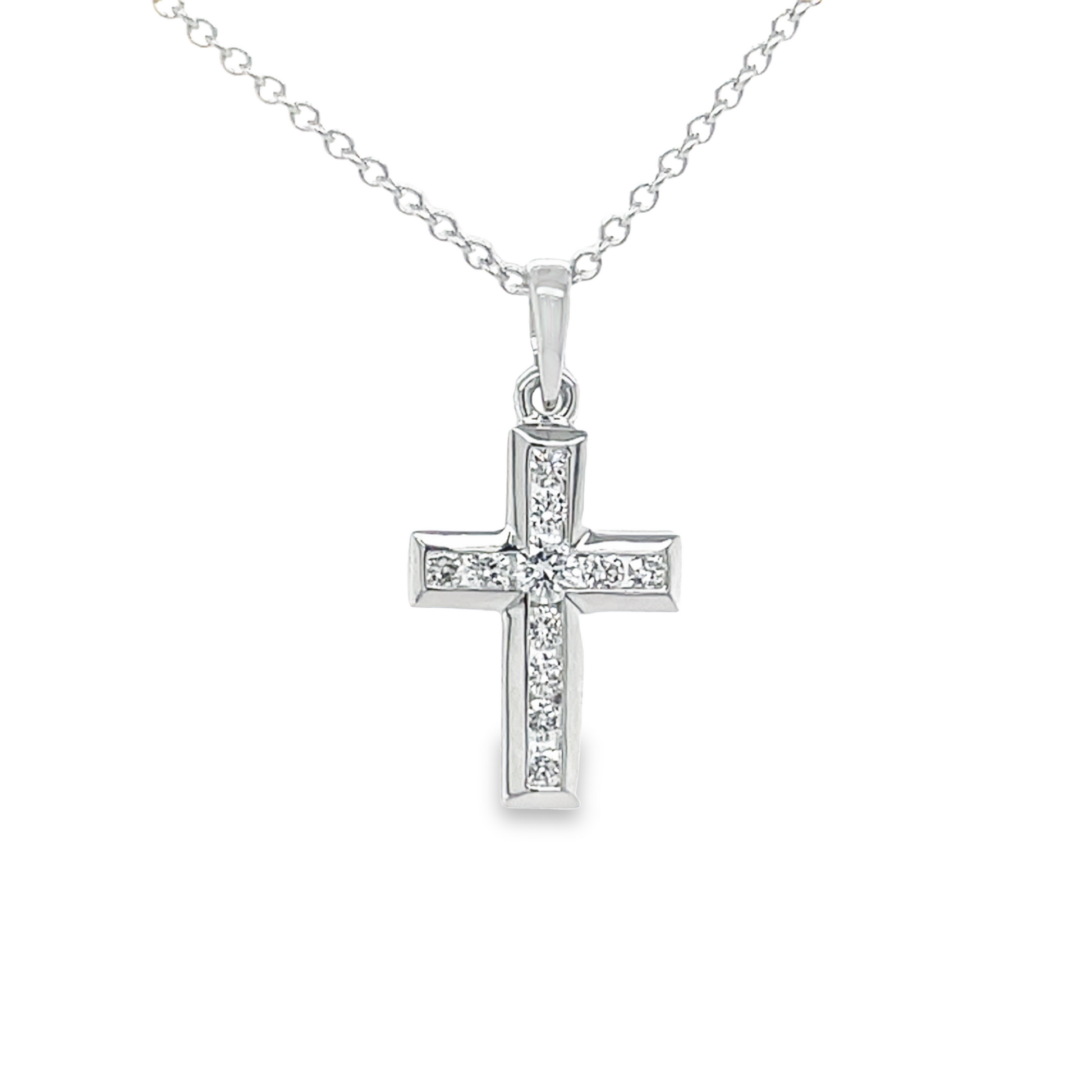 Front view of Dainty Diamond Cross Pendant Necklace