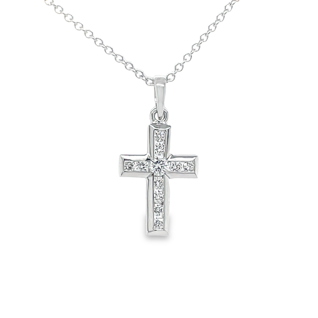 18k white gold cross  High quality diamonds Color E/F-VS1  Round diamonds 0.20cts  Secure bail  16" chain 1.1 mm ($199 optional)  25.00 mm