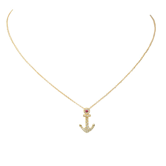 Front view of 18k Yellow Gold Diamond & Ruby Anchor Pendant Necklace