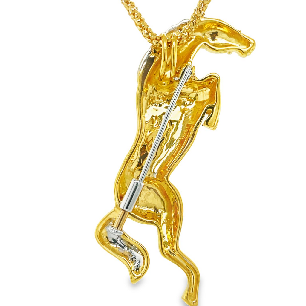 Very stylish  Great workmanship  18k yellow gold.  Italian made.  Horse pendant 2.00" long  1/2'" wide   Round diamonds 0.10 cts   18" long chain italian made $455 (optional)  Secure lobster catch  It can be used as a pin also