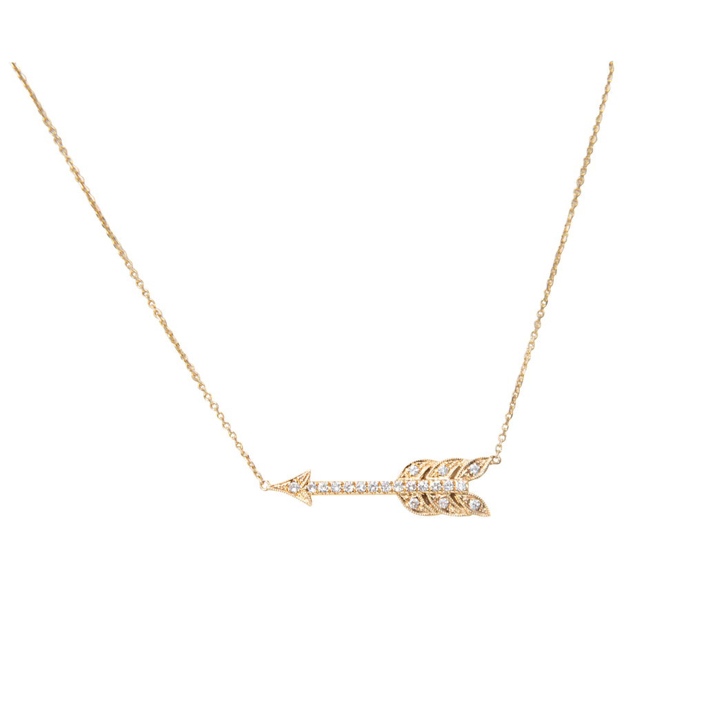 Crafted with 0.18 carats of sparkling diamonds, this alluring arrow necklace is 14k gold, 1" long, 1/8" wide. It hangs beautifully from an 18" long with a sizable closure at 16". Flaunt its timeless style and elegance!
