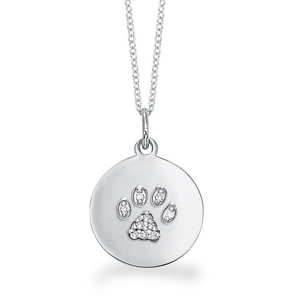 Diamond-encrusted 0.07 cts paw pendant housed in a 14kt white-gold disk, glistening at 18 inches long and half an inch wide—truly eye-catching!