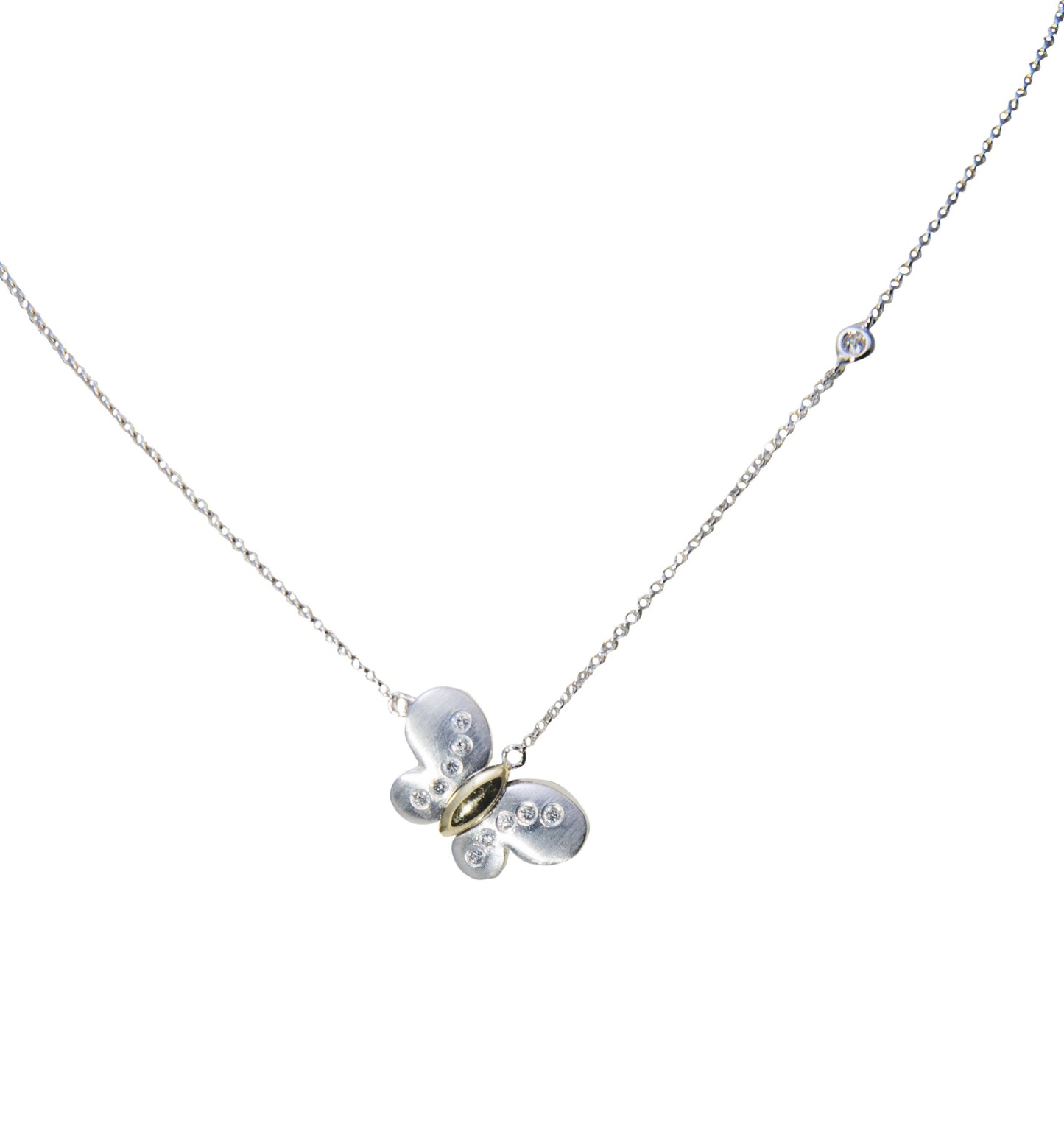 Front view of 14k White Gold Tilted Two Tone Diamond Butterfly Necklace
