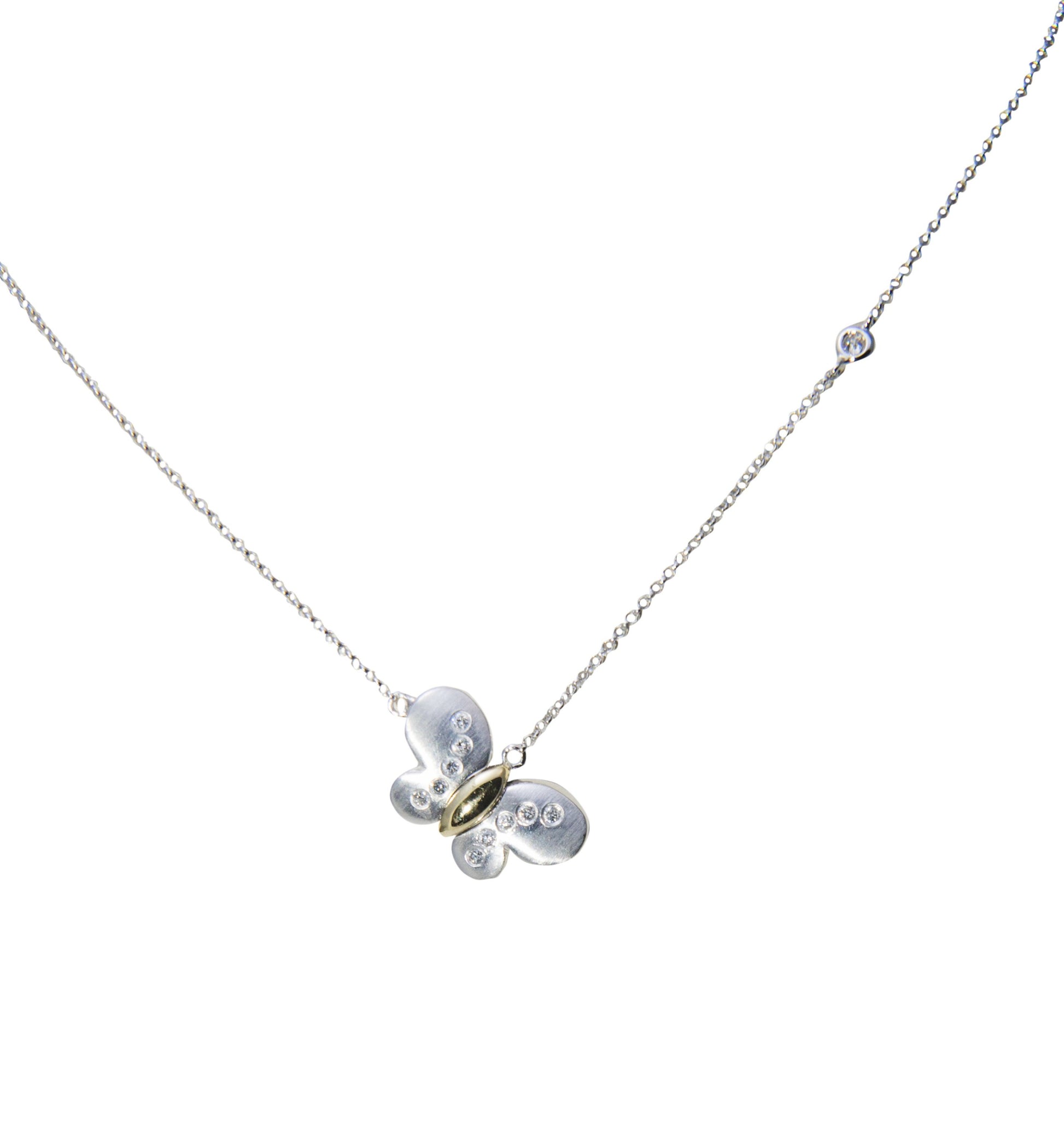 Front view of 14k White Gold Tilted Two Tone Diamond Butterfly Necklace