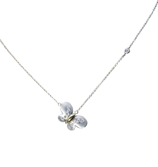 Front view of 14k White Gold Tilted Two Tone Diamond Butterfly Necklace