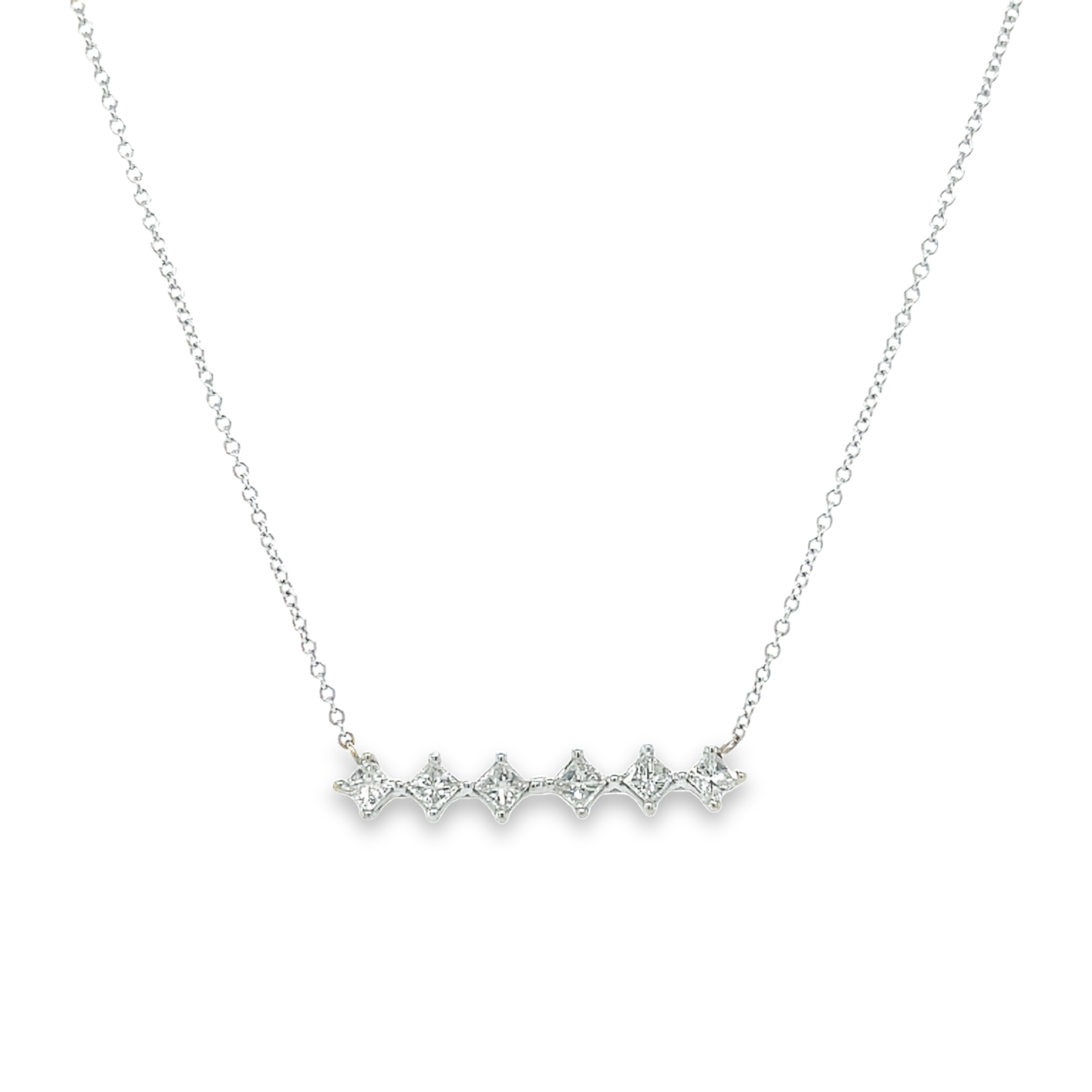 Six sparkling round diamonds, 0.60 cts, prong-set in 14k white gold, create a magnificent necklace, 18" long. A treasure that will be cherished for a lifetime!