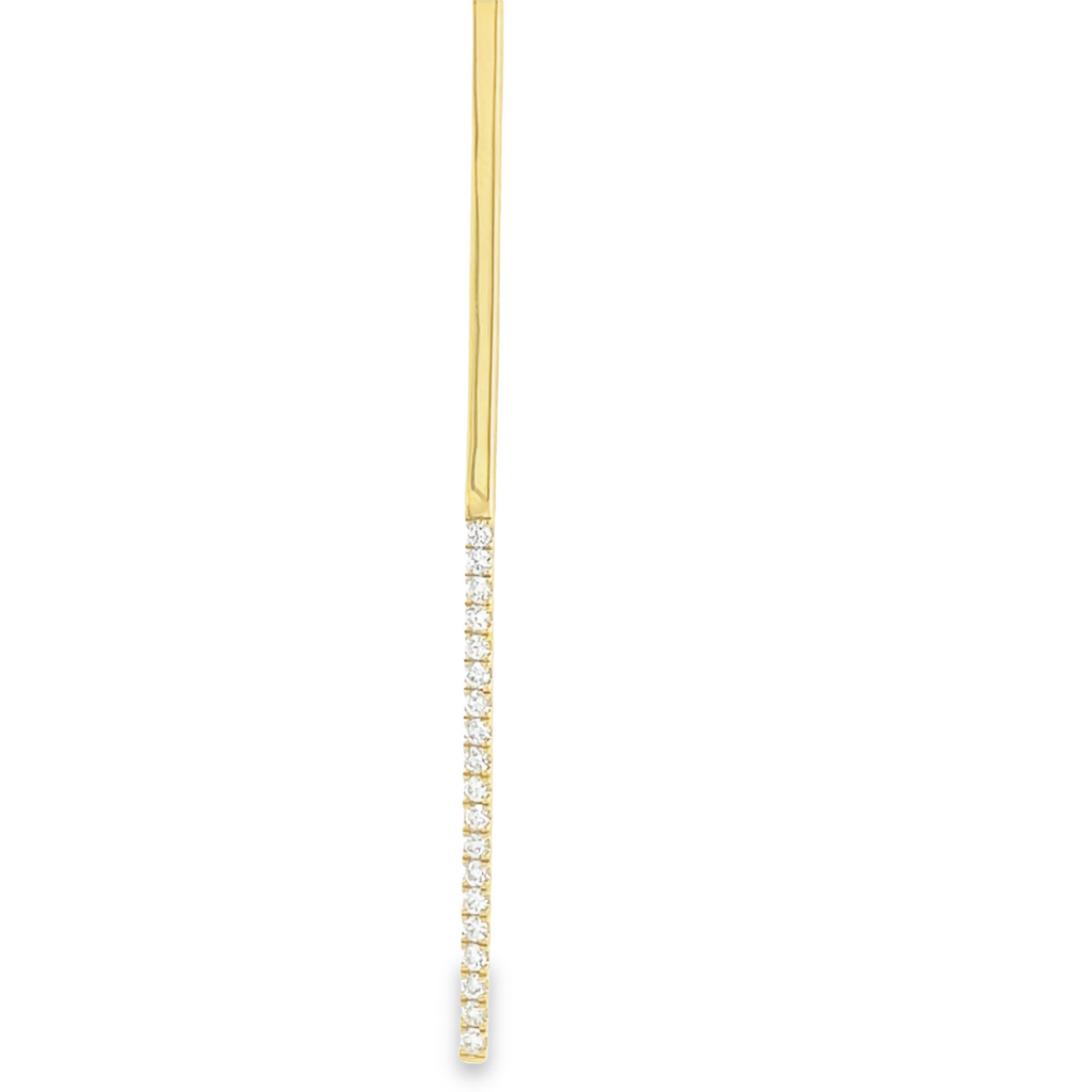 Vertical bar diamond 3" long   Round diamonds 0.42 cts   Set in 14k yellow gold  18" long chain   Secure lobster clasp.  Perfect to layer with other necklaces 