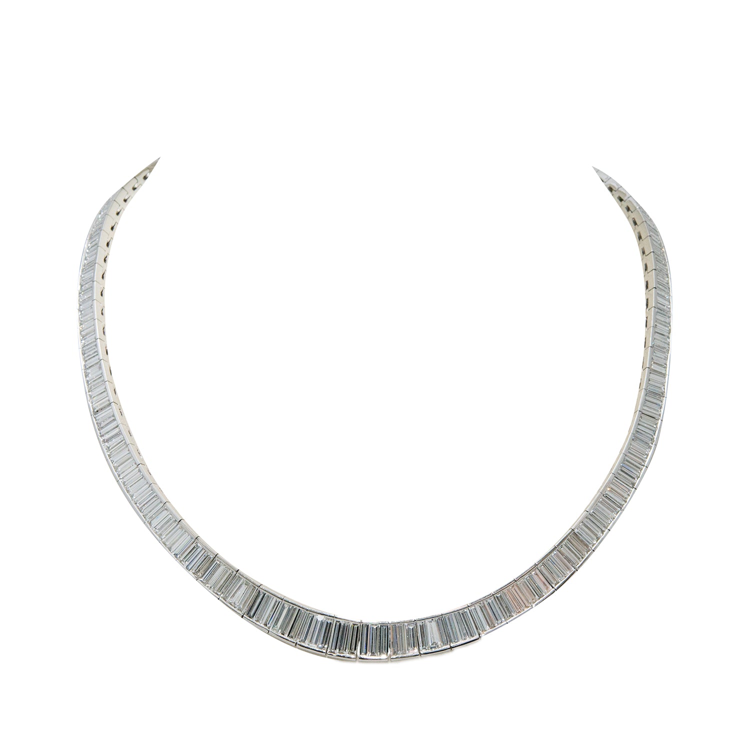 ndulge in ultimate luxury with our Graduated Baguette Diamond Necklace. Adorned with 249 dazzling diamonds totaling 24.21 carats, set in platinum, and featuring a secure hidden clasp, this 18" necklace is the epitome of elegance. Elevate any outfit with its mesmerizing sparkle and timeless sophistication.