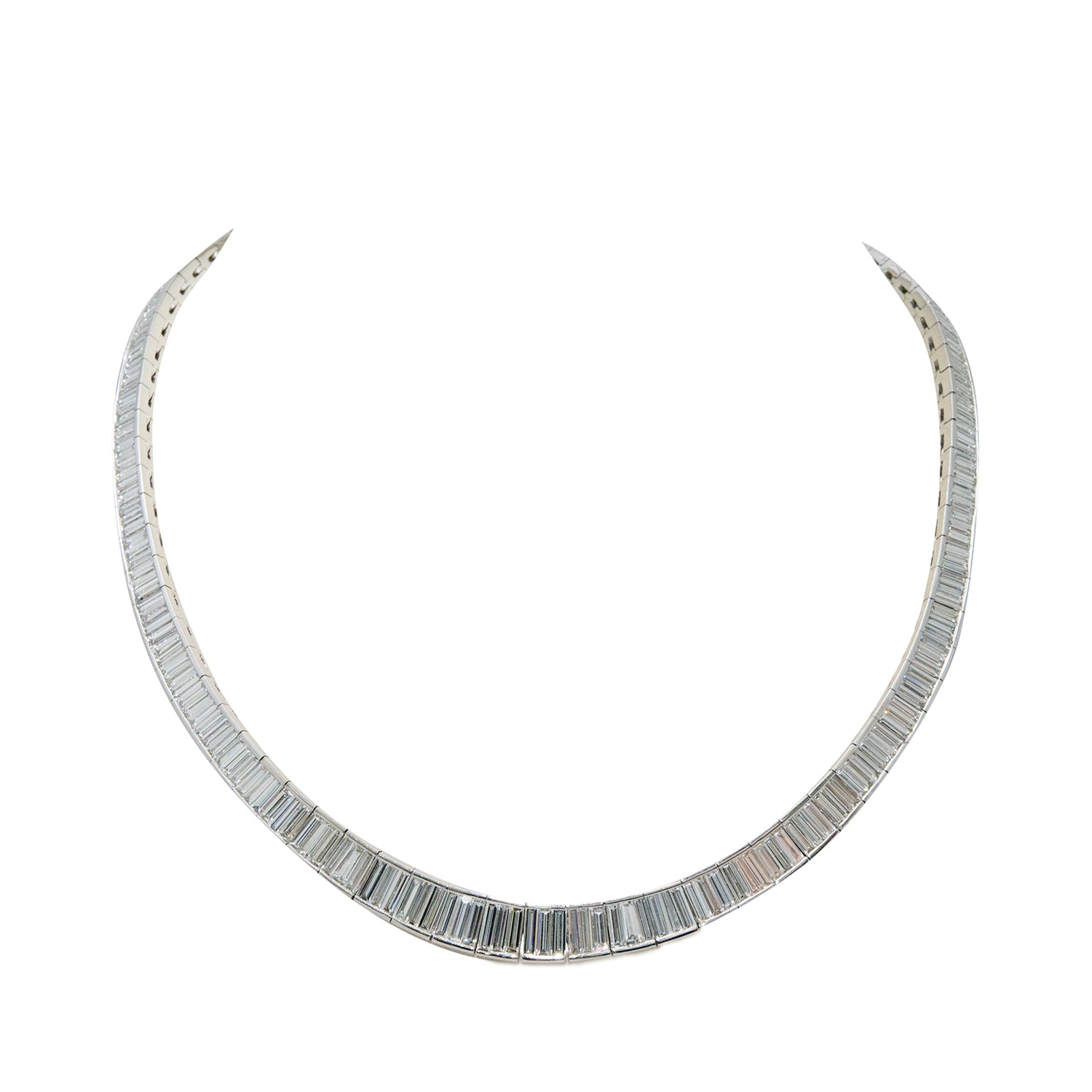 Front view of Platinum Graduated Baguette Diamond Necklace 24.21 cts