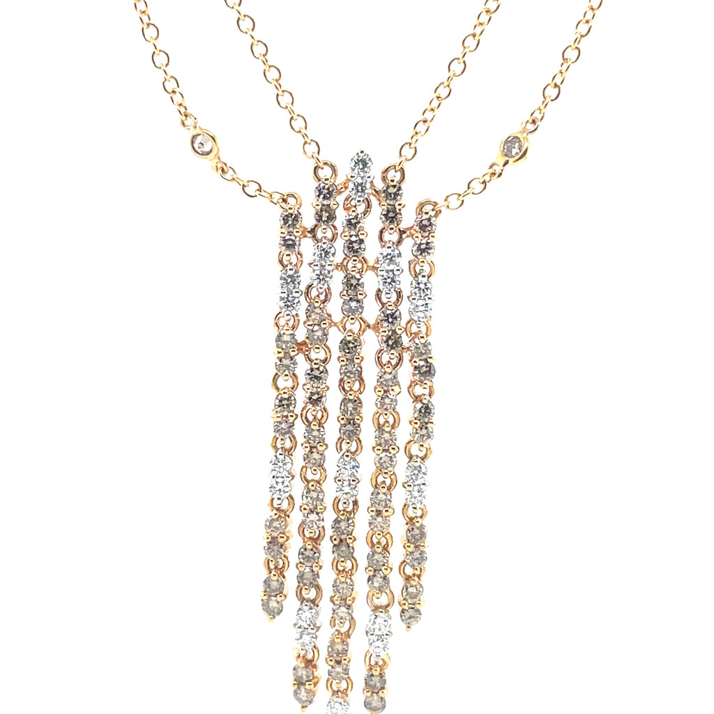 Italian made beautiful necklace   Fancy diamonds; round white & yellow round 4.30 cts  Ten round bezel set diamonds in chain  Double chain   Secure lobster catch  3" long pendant having 5 diamond strands at different lenght.