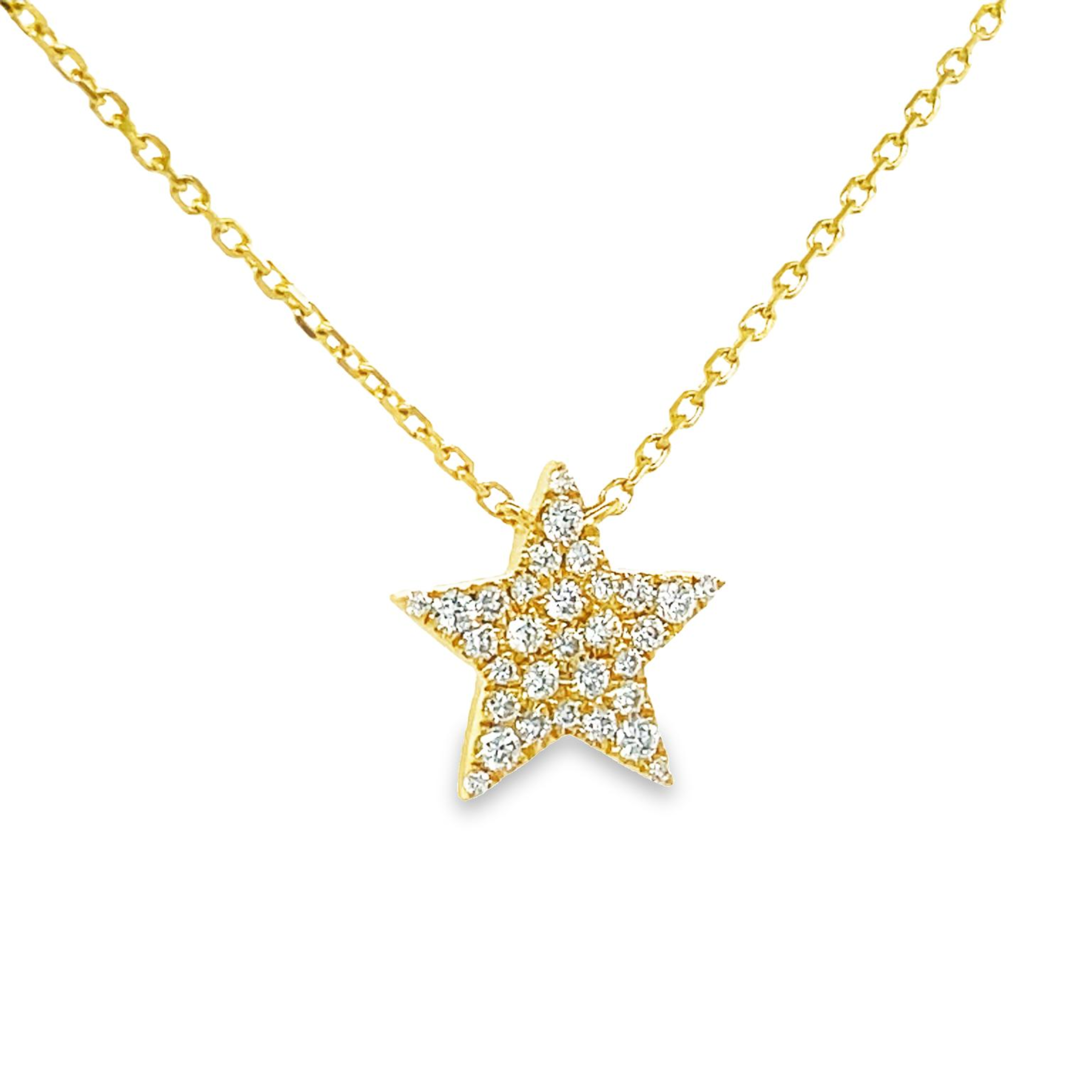 Crafted from 14K yellow gold, this dazzling star pendant is encircled with round diamonds totaling 0.21 cts. in F/G color, with a 10.00mm circumference (including bail). Comes with a 16" yellow gold chain, perfect for a dazzling everyday look!
