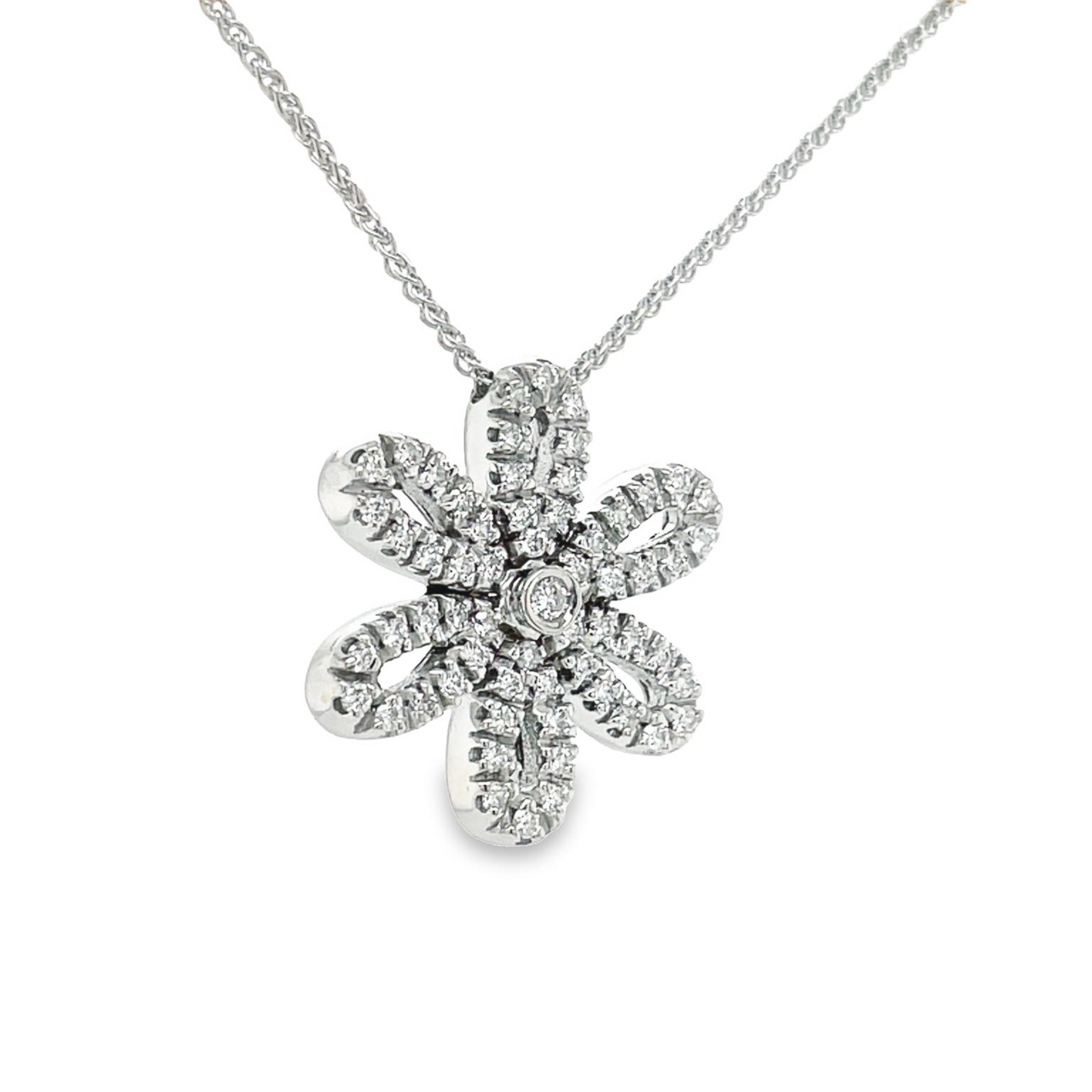 Six Petal Diamond Flower Motif Slider Pendant Necklace Side view 
