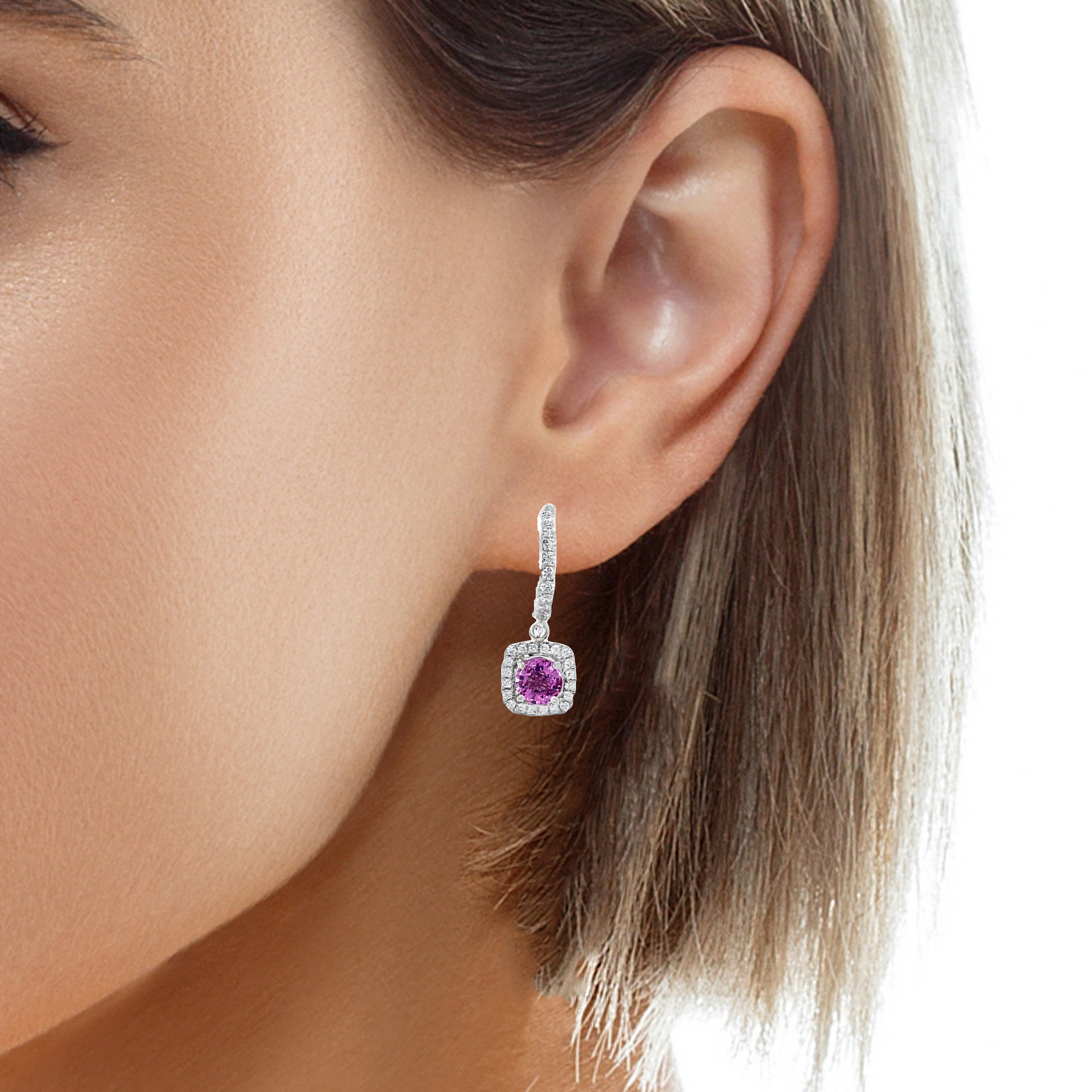 Pink Sapphire and Diamond Drop Huggie Earrings Try on View