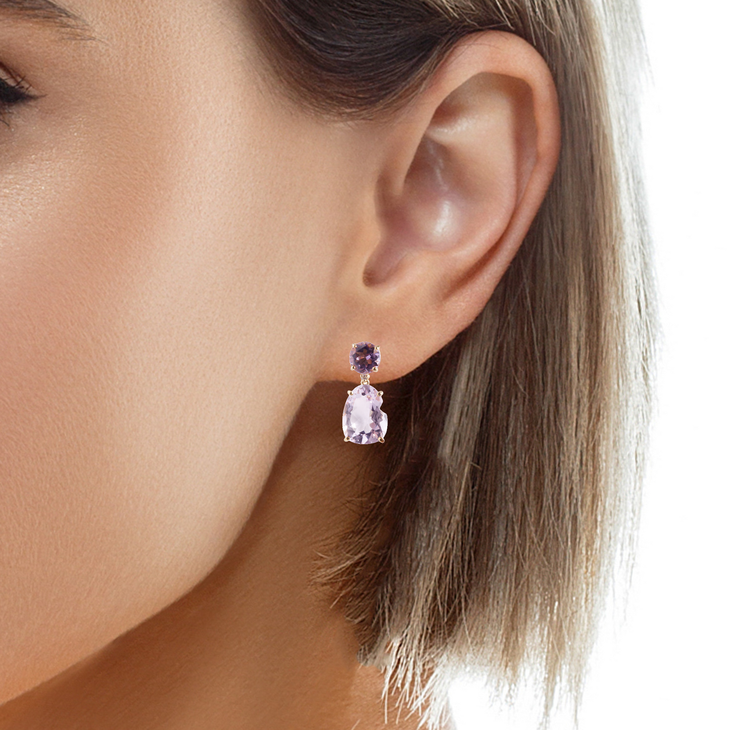 Try on view of 18k Yellow Gold Amethyst, Rhodolite & Diamond Drop Earrings