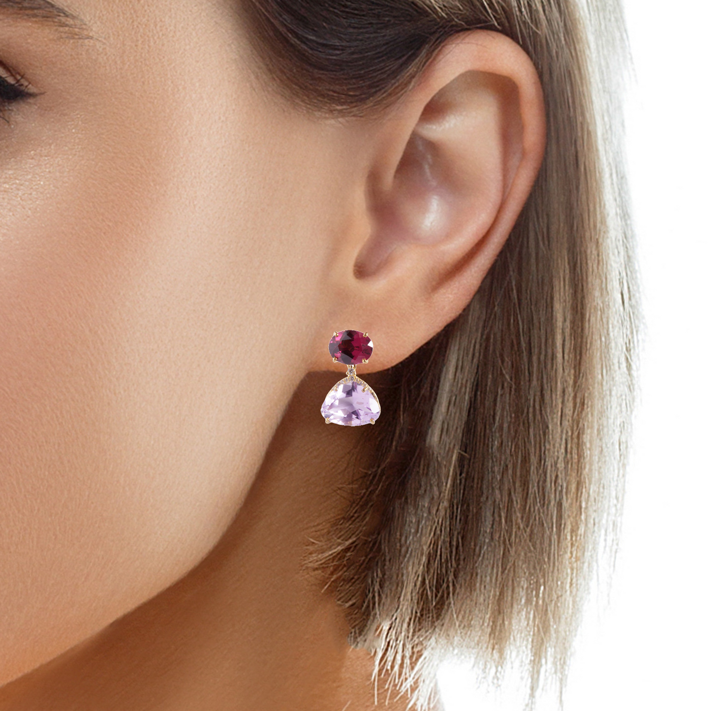 Try on view of 18k Yellow Gold Amethyst, Rhodolite & Diamond Drop Earrings
