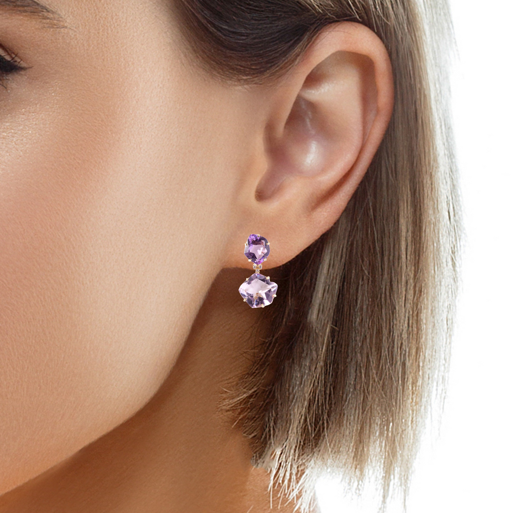 Pink Amethyst, Amethyst & Diamond Drop Earrings