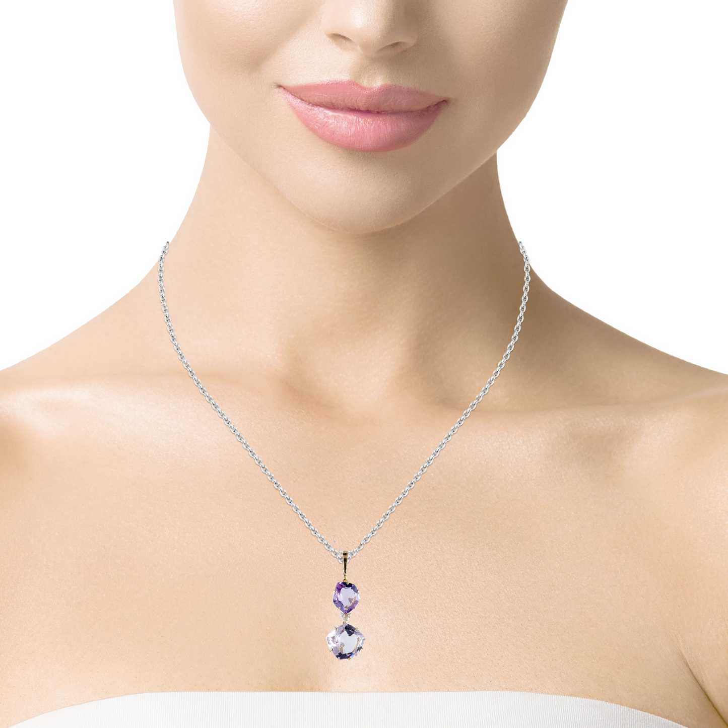 Try on view of 18K Yellow Gold Pink Amethyst, Amethyst & Diamond Pendant Necklace