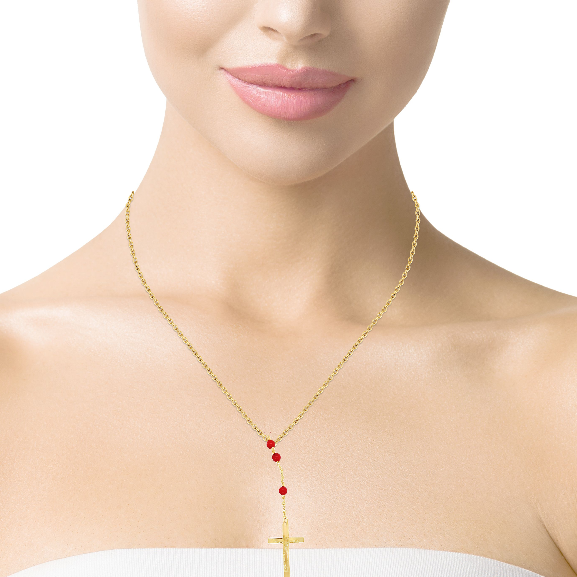 This 18k Italian Yellow Gold Coral Rosary Necklace features a 28" long chain with 4.00mm beads from Corsica, a matte finished Cross charm and a high polished crucifix. 