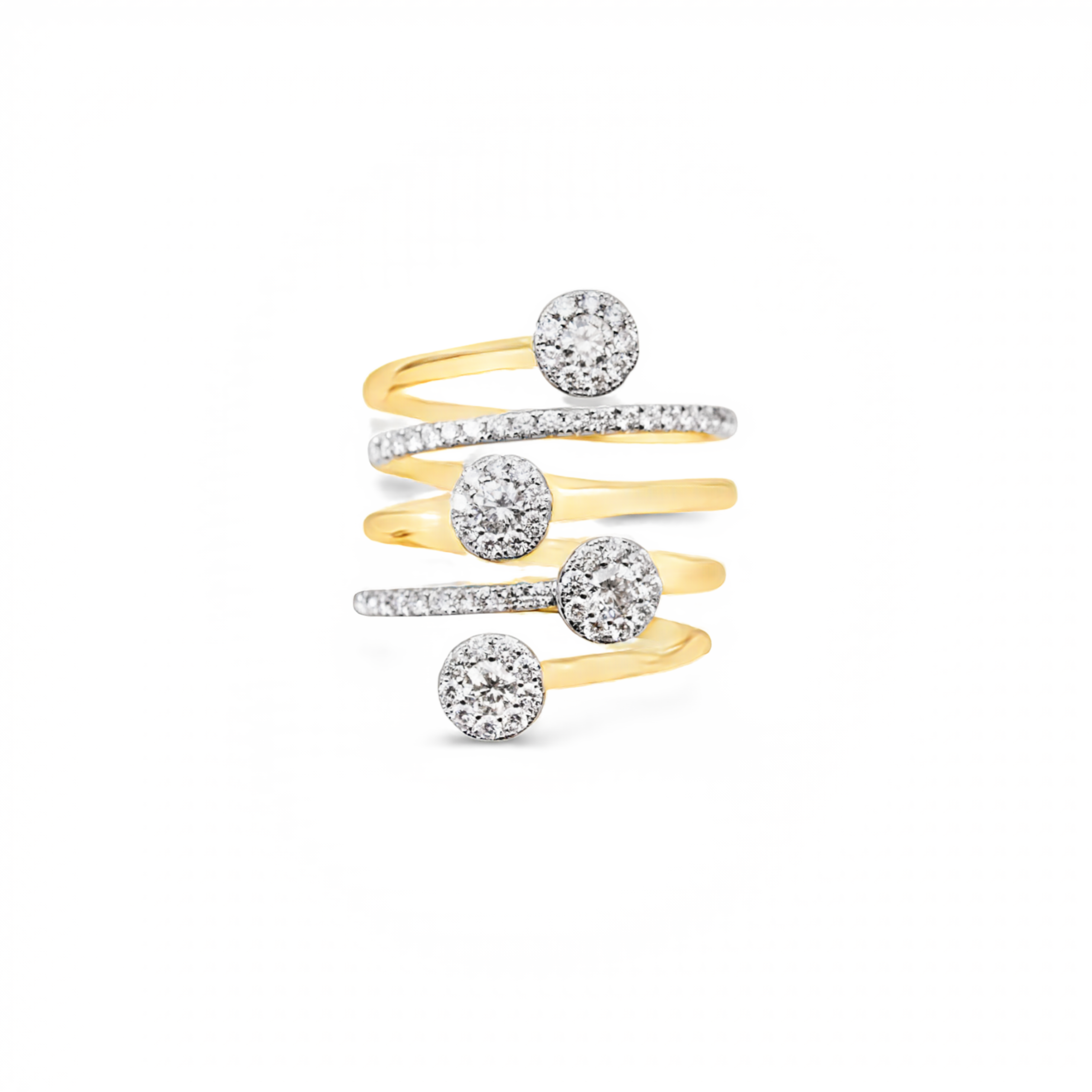 Crafted in 18k yellow gold, the 1.18 ct round diamonds boast F/G color and VS1 clarity. Wrapped in a five-row ring with a width of 25.00 mm, you'll turn heads in envy with this stylish and modern piece.