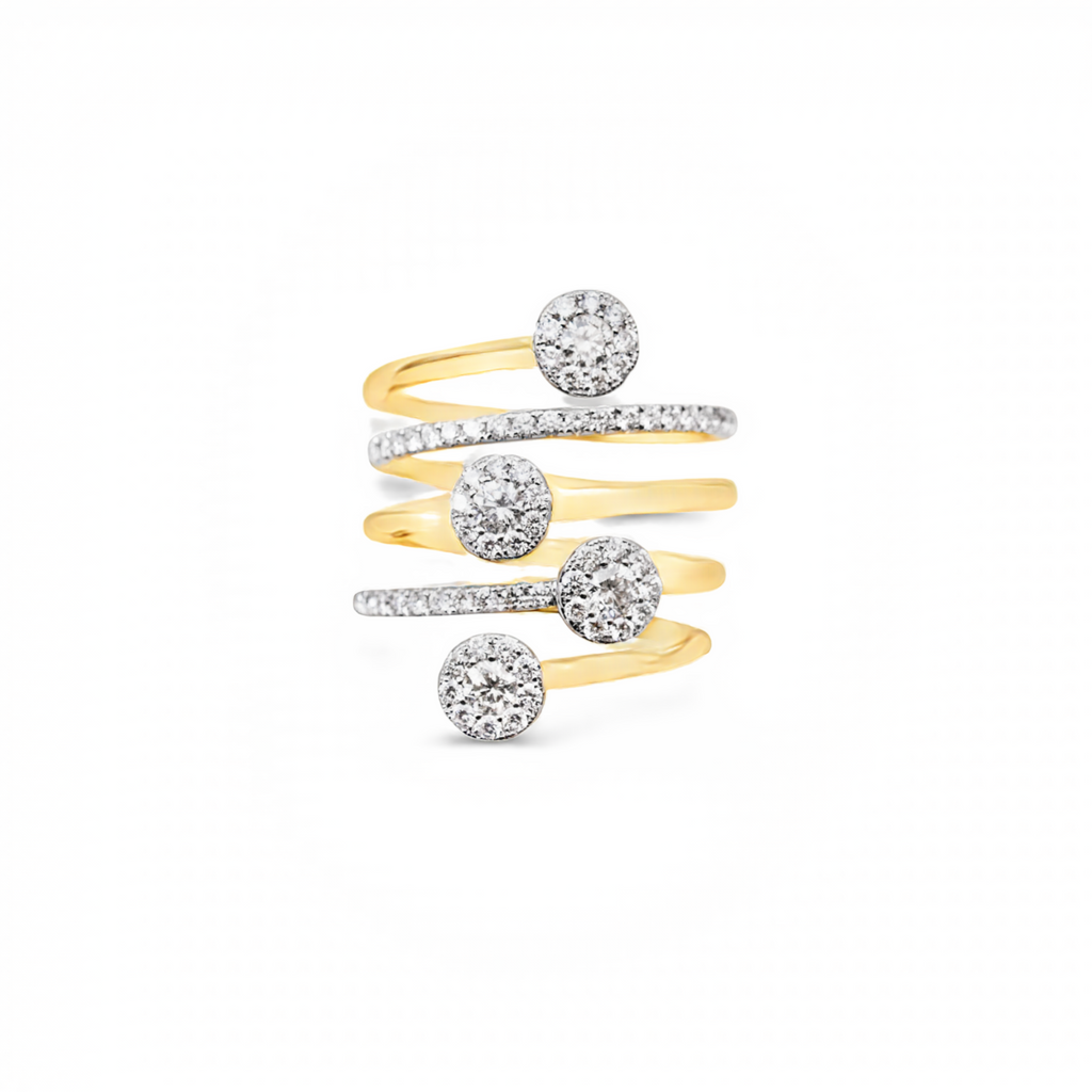 So stylish & modern  Set in 18k yellow gold  Round diamonds 1.18 cts  Color F/G  Clarity VS1  Five row ring  25.00 mm wide
