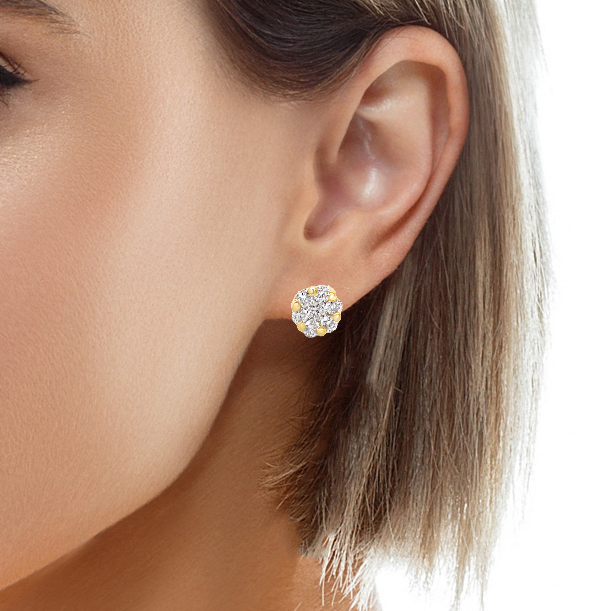 Try on view of 18k Yellow Gold Small Flower Cluster Diamond Stud Earrings Set in Yellow Gold