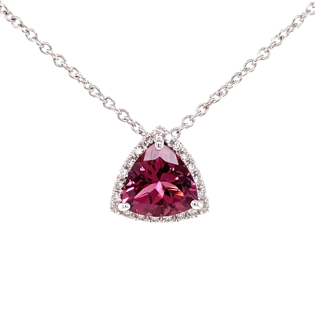 Italian made  Faceted pink topaz trillion shape 1.55 cts  11.00 x 11.00 mm  Set in 18k white gold mounting  White round diamonds 0.11 cts   18" white gold chain 1.5 mm thickness with three sizing loops  Secure lobster catch