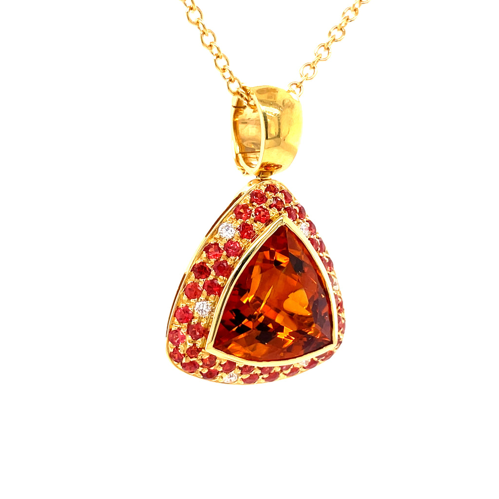 Large Maderia Citrine, Spessartite Garnet & Diamond Italian Pendant Necklace