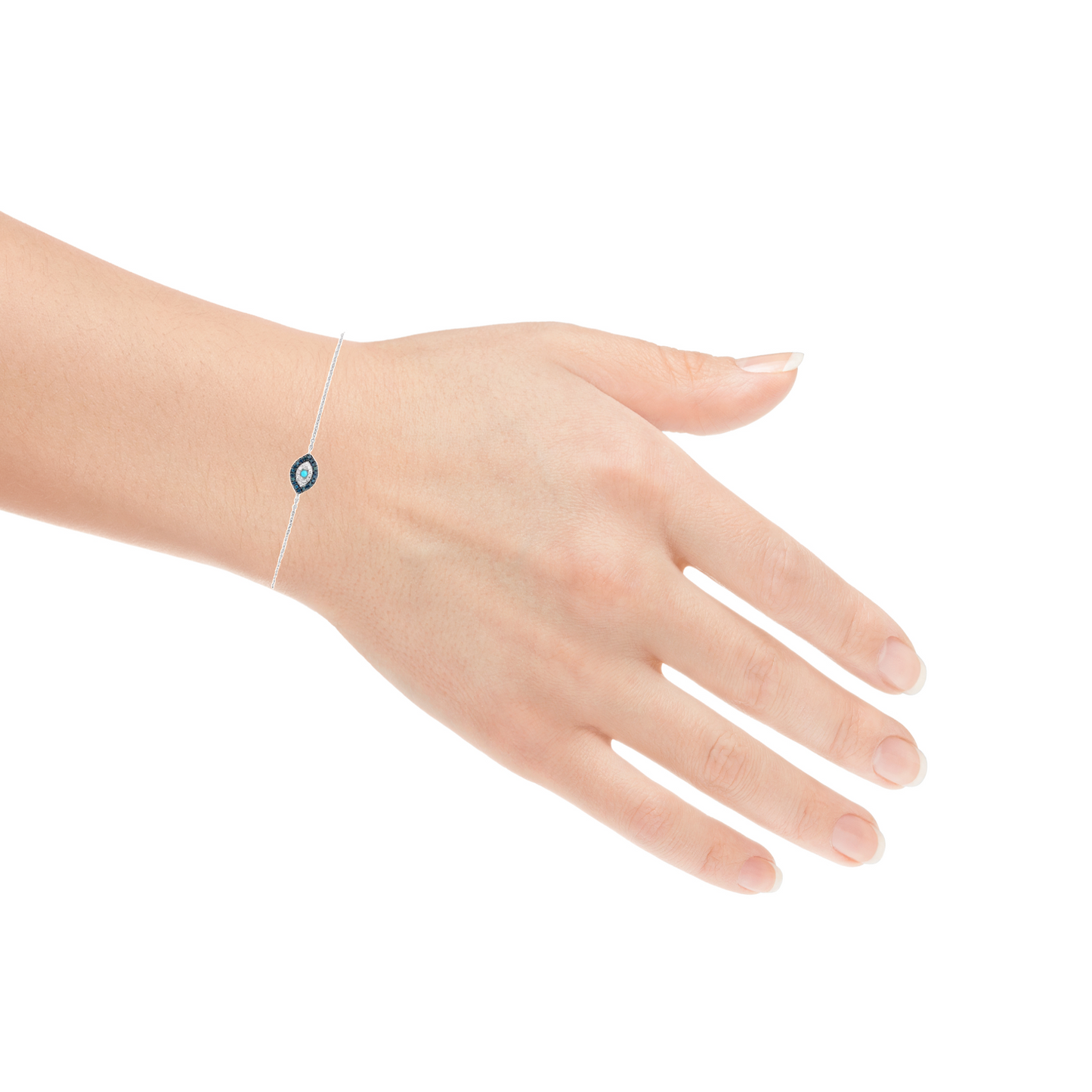 Try on view of Diamond Oval Evil Eye White Gold Bracelet with Turquoise