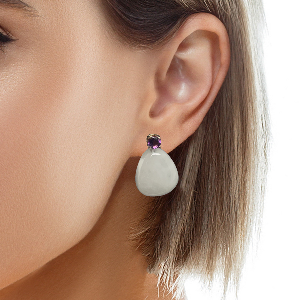 Agate Cabochon & Amethyst Earrings