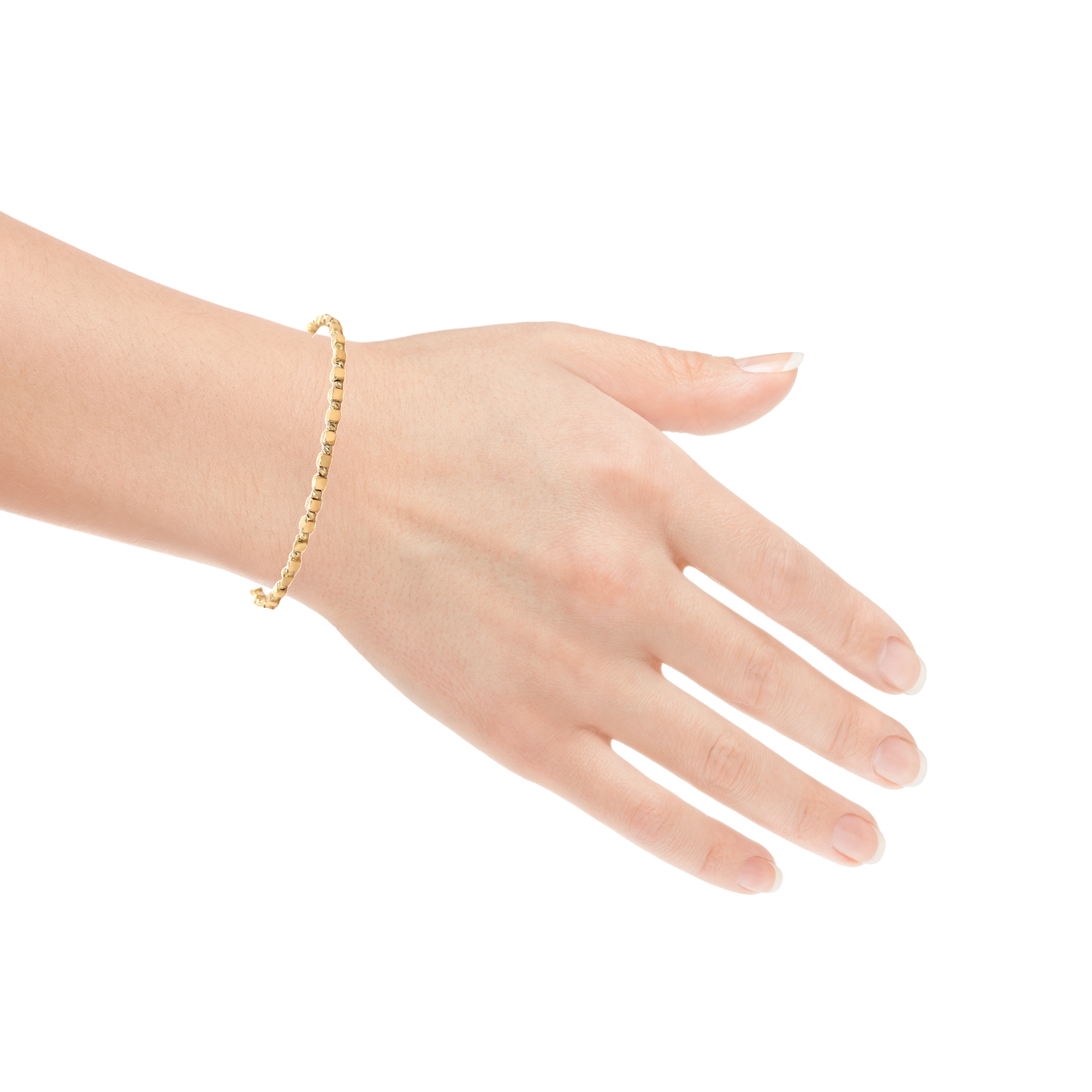 This 14k yellow gold bracelet is designed to be both stylish and secure. The 8 inch stackable bracelet features square beads and laser cut round beads for a truly unique look. The lobster clasp ensures it will stay securely in place.