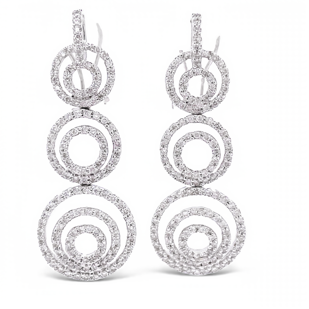 Marvel at the breathtaking 1 3/4" long, 18k white gold earrings featuring a cascading three circles design. The secure Omega clip ensures a perfect fit.