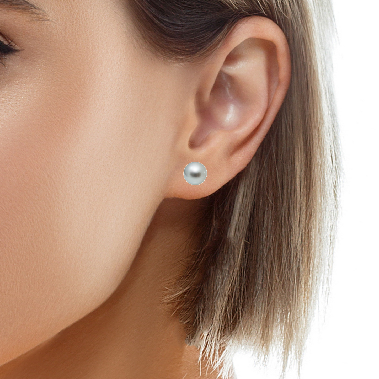 Try on view of ront view of 14k White Gold Akoya Cultured Pearls Studs 9.00 mm