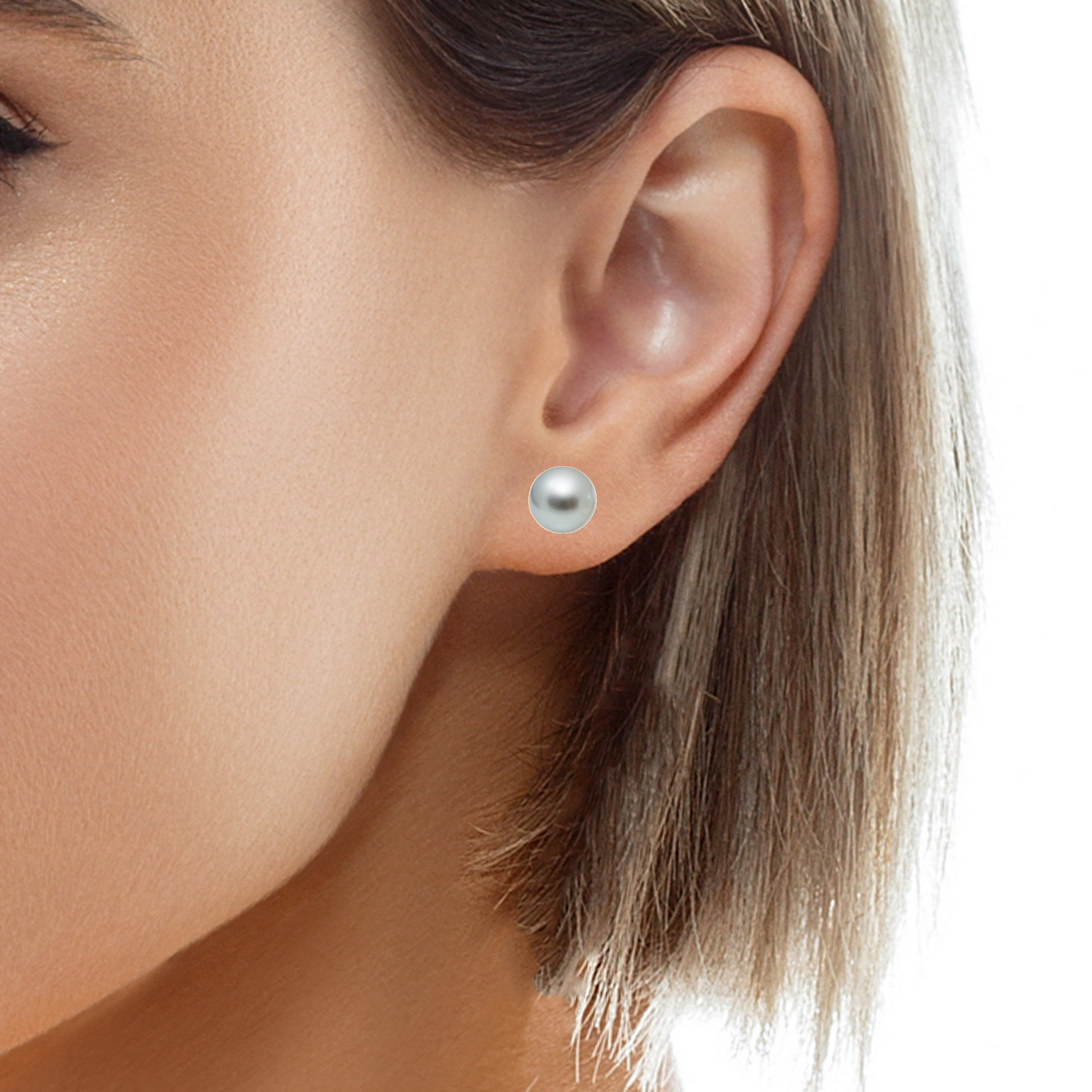 Try on view of ront view of 14k White Gold Akoya Cultured Pearls Studs 9.00 mm