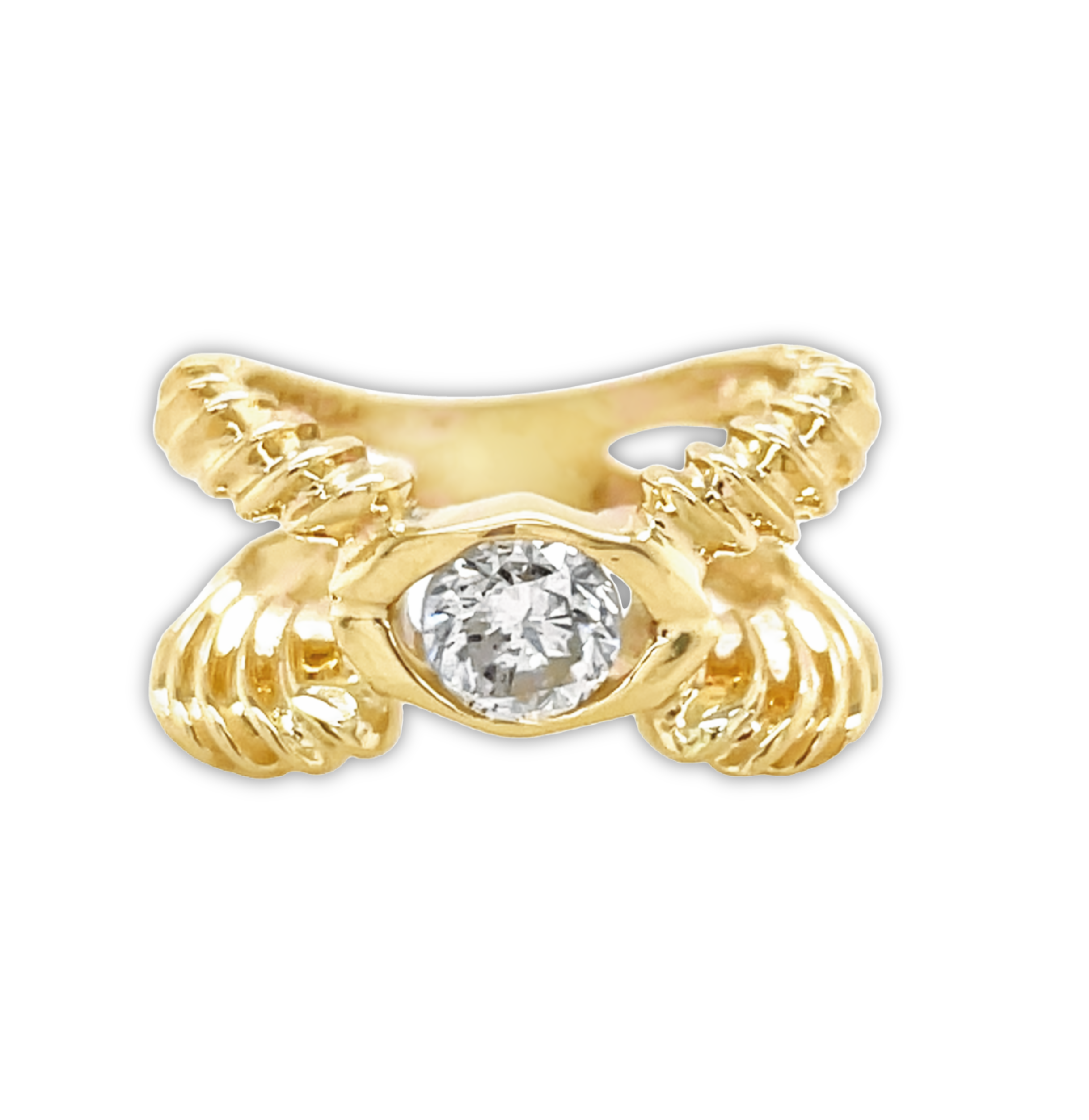 A breathtakingly beautiful design, this 14k yellow gold Criss Cross Solitaire Ring will captivate all who lay eyes on it! The 0.74ct round diamond sparkles atop the 11mm wide shank, with its glamorous double corrugated design. Size 5.5 (resizable), this ring is perfect for any occasion!