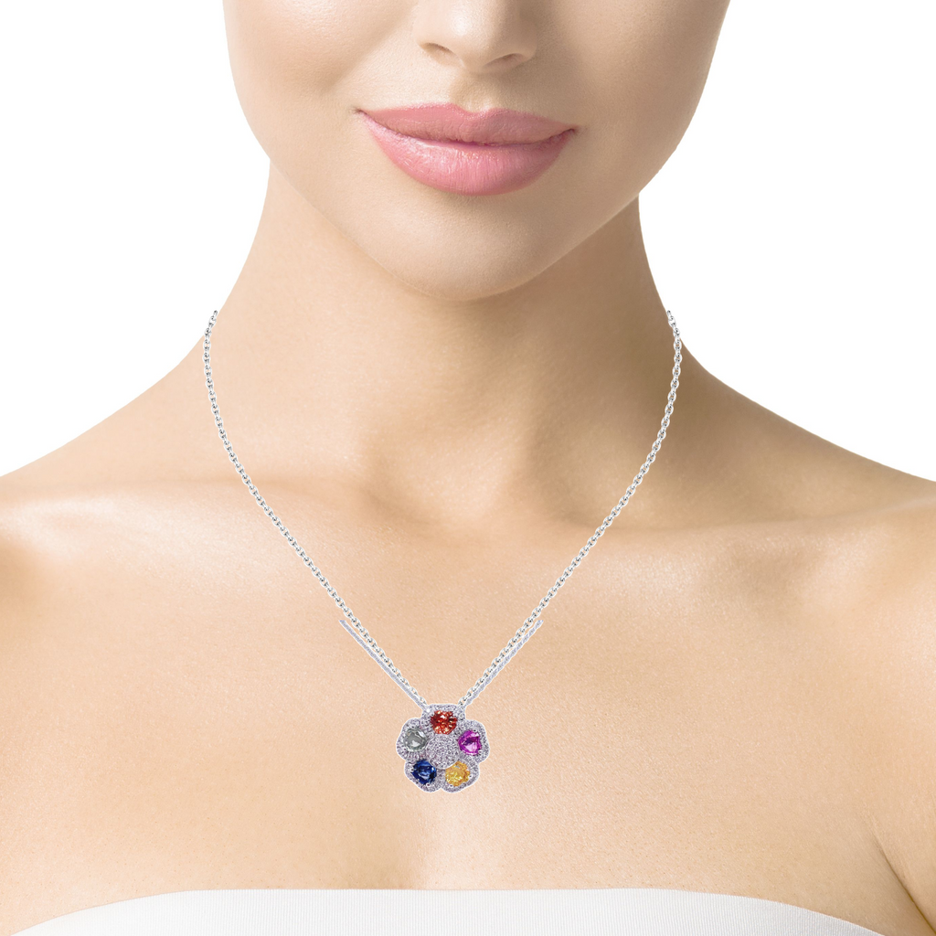 Multicolor Sapphire & Diamond Pave Flower Motif Pendant Necklace