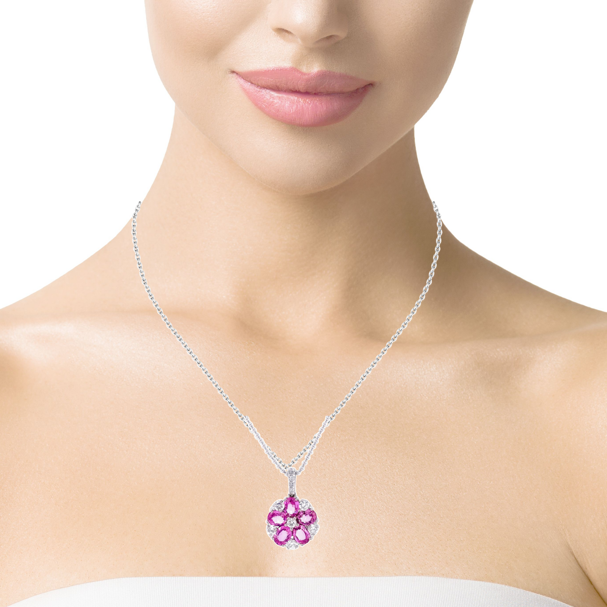 Try on view of 18k White Gold Pink Sapphire & Diamond Flower Motif Pendant Necklace